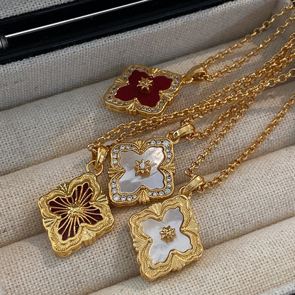 Zen Healing Baroque 24K Gold Plated Floral Clover Pendant Necklace
