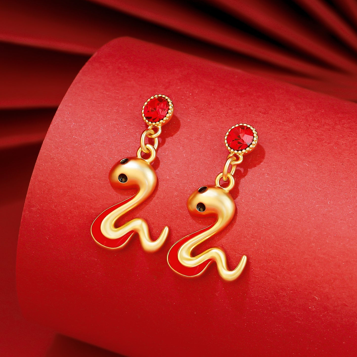 Zen Healing Chinese Zodiac Snake Gold Red Earrings