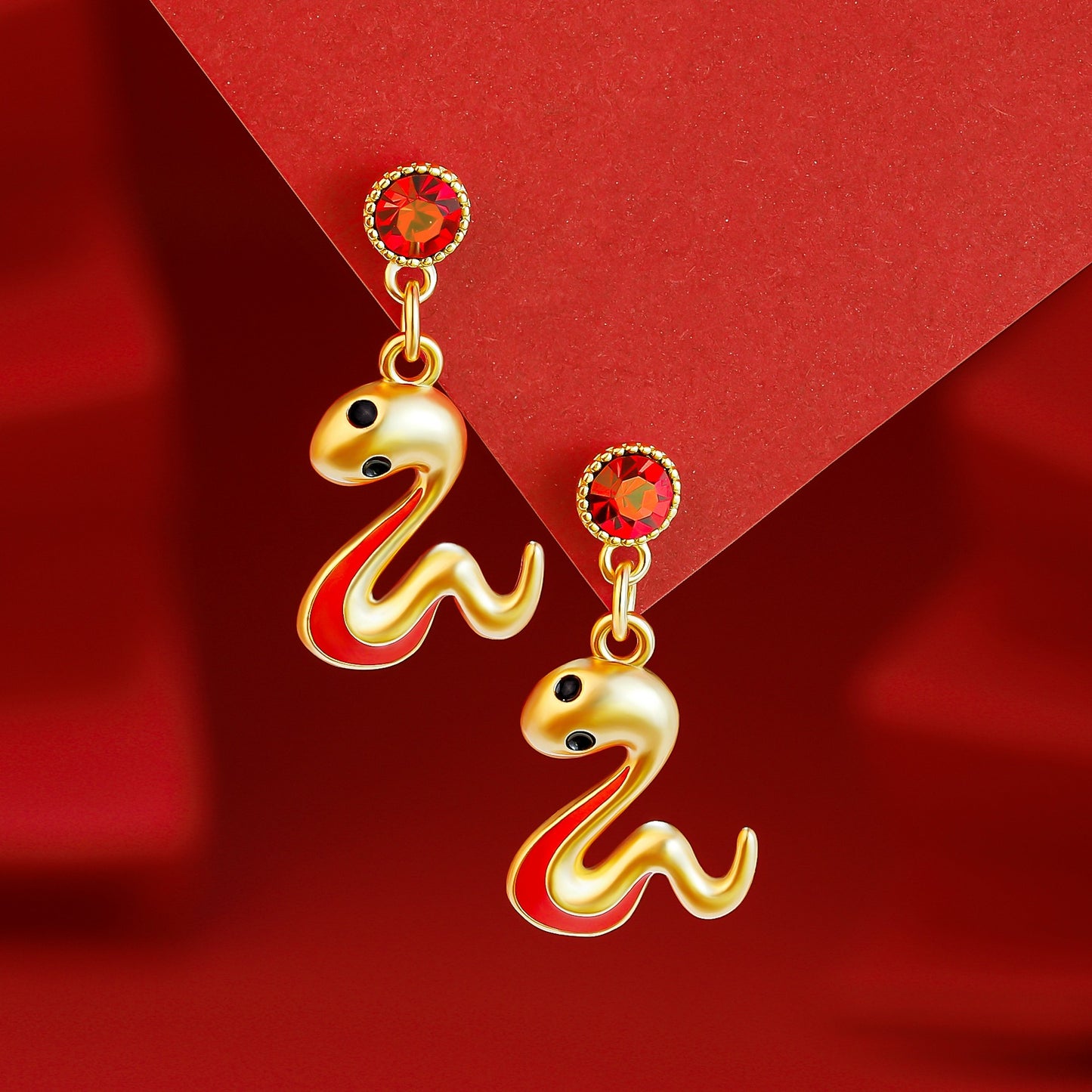 Zen Healing Chinese Zodiac Snake Gold Red Earrings