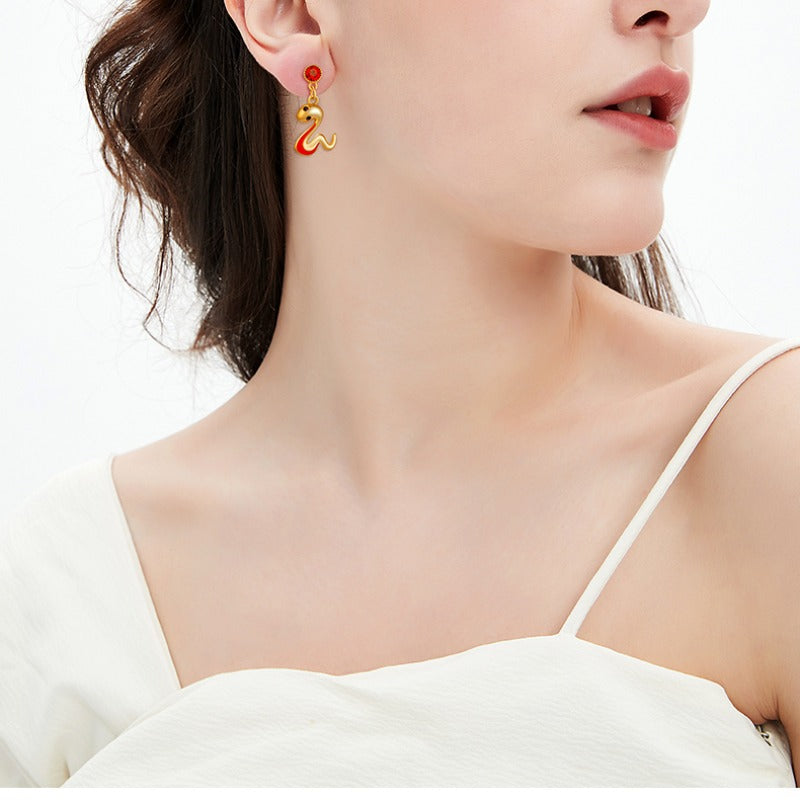 Zen Healing Chinese Zodiac Snake Gold Red Earrings