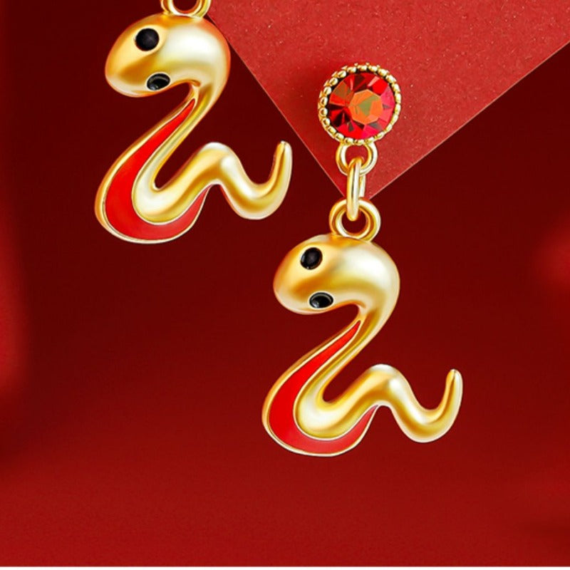 Zen Healing Chinese Zodiac Snake Gold Red Earrings