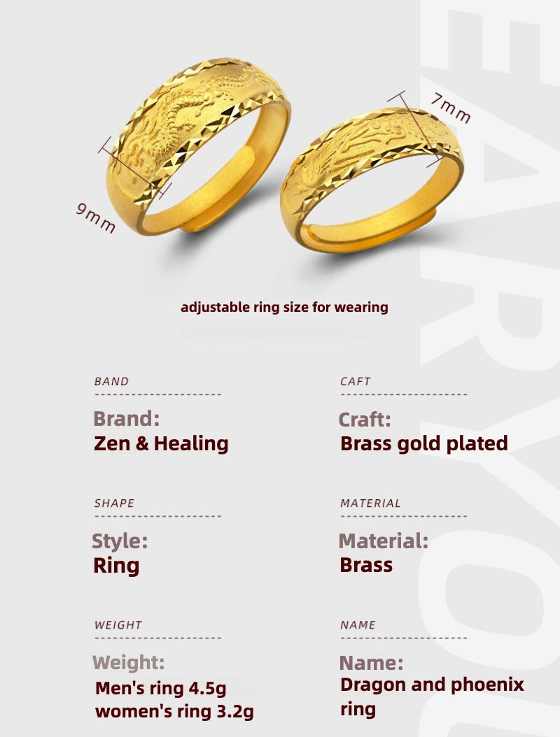 Zen Healing Copper Dragon and Phoenix Harmony Couple Brass Rings