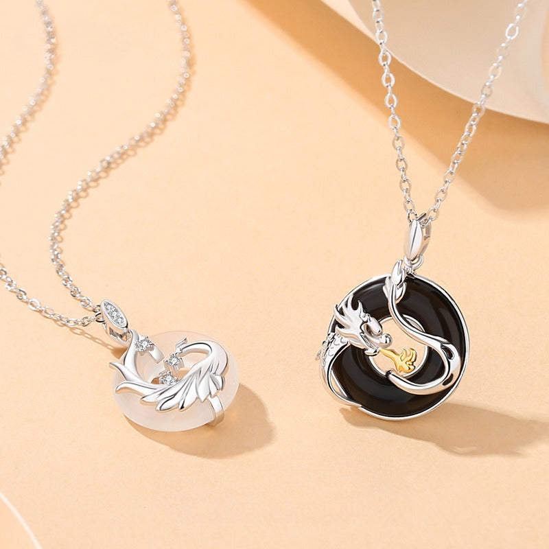 Zen Healing Dragon Phoenix Black Agate White Chalcedony Couple 925 Silver Pendant Necklace