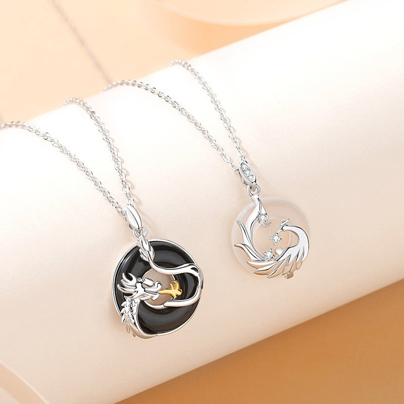 Zen Healing Dragon Phoenix Black Agate White Chalcedony Couple 925 Silver Pendant Necklace