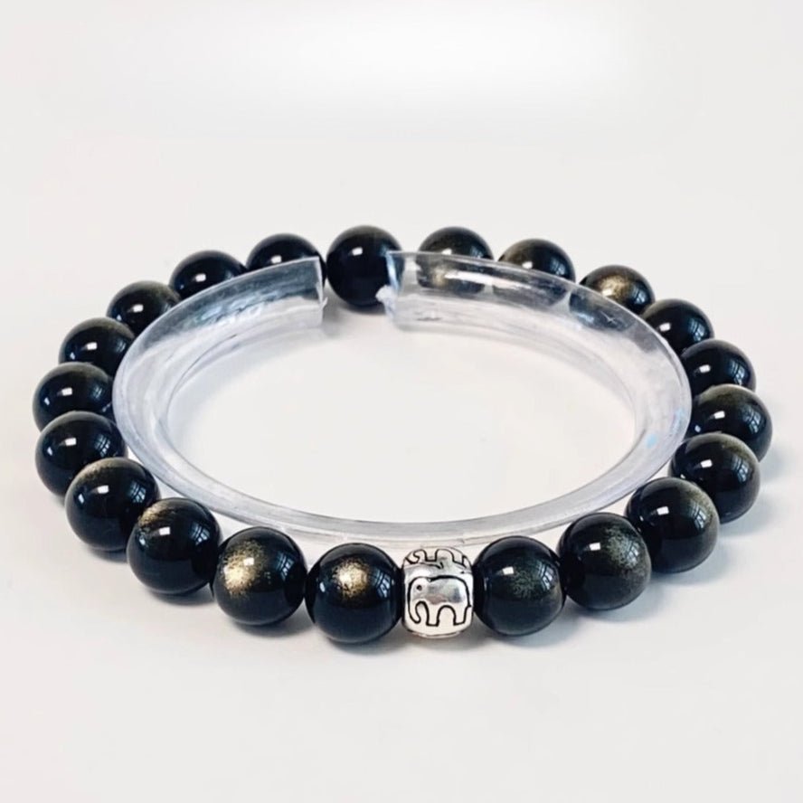 Zen Healing Gold Sheen Obsidian 925 Silver Elephant Lucky Bracelet