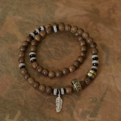 Zen Healing Tibet Golden Wing Wood Agate Dzi Beads Lucky Double Wrap Bracelet