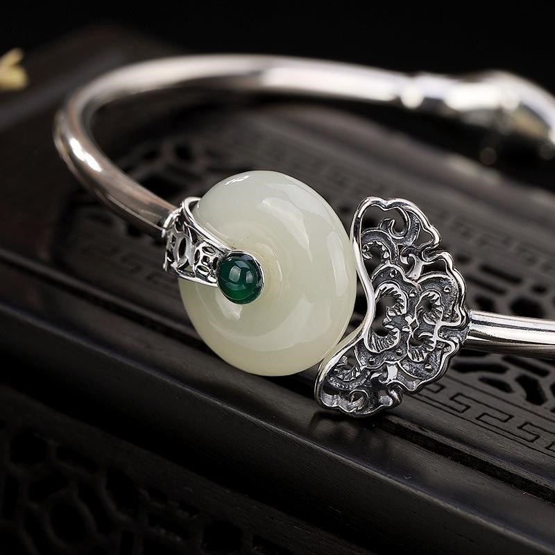 Zen Healing Hetian Jade Peace Buckle Tibetan Silver Bracelet