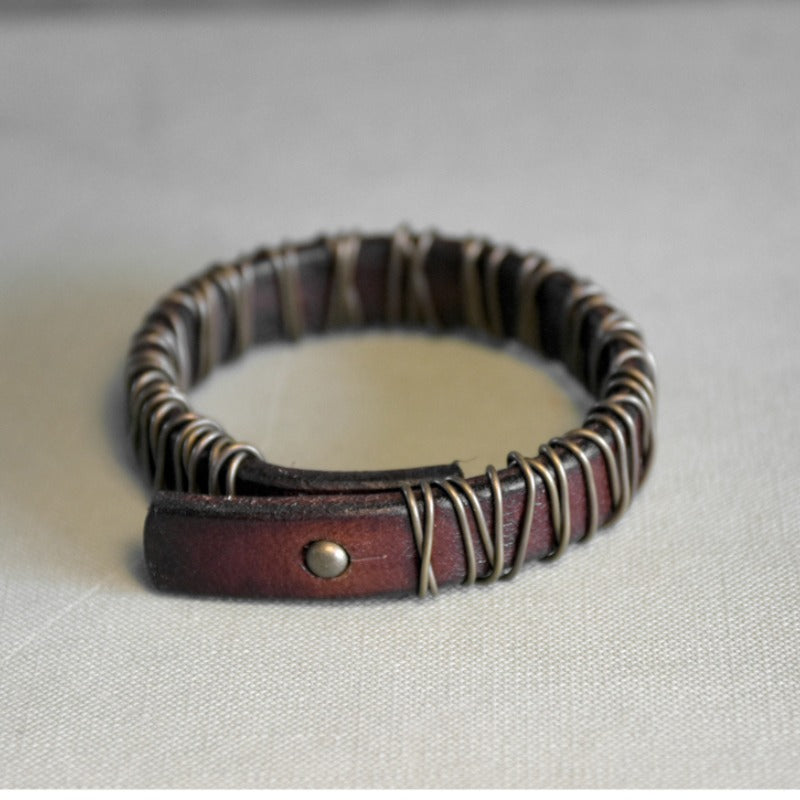 Zen Healing Leather Copper Brass Wealth Bracelet Bangle