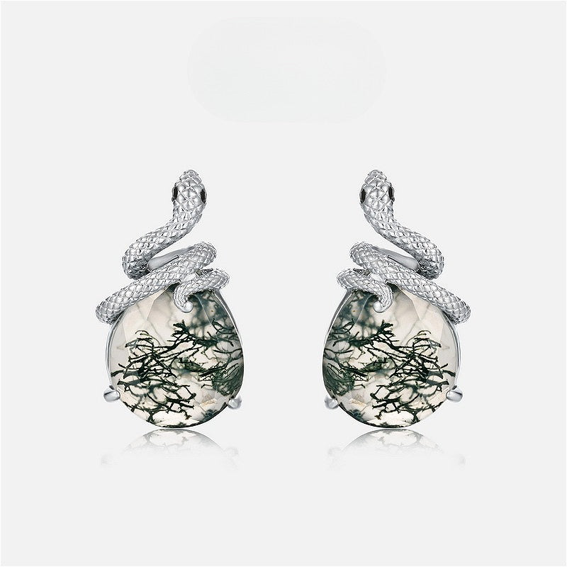 Zen Healing Moss Agate 925 Silver Year of the snake Stud Earrings