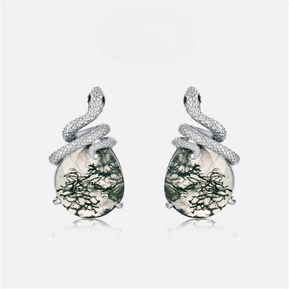 Zen Healing Moss Agate 925 Silver Year of the snake Stud Earrings