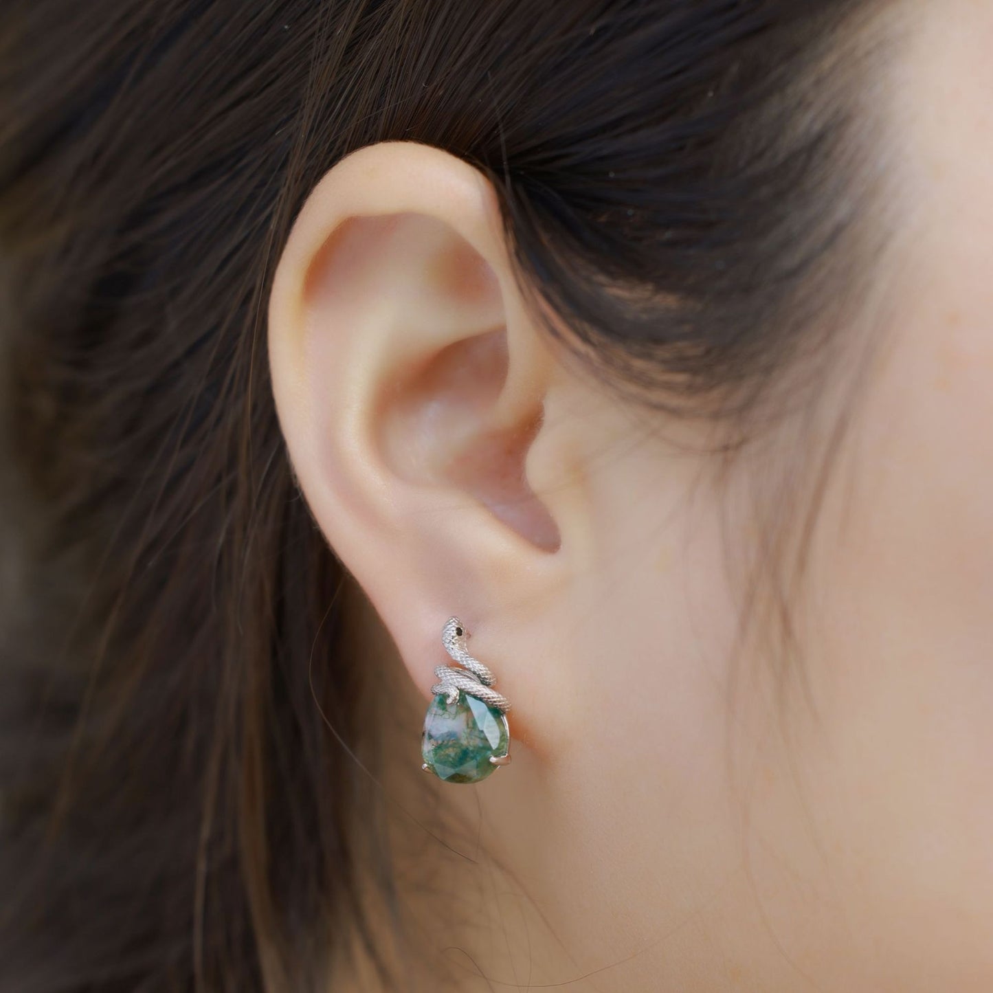 Zen Healing Moss Agate 925 Silver Year of the snake Stud Earrings