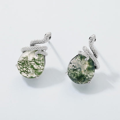 Zen Healing Moss Agate 925 Silver Year of the snake Stud Earrings