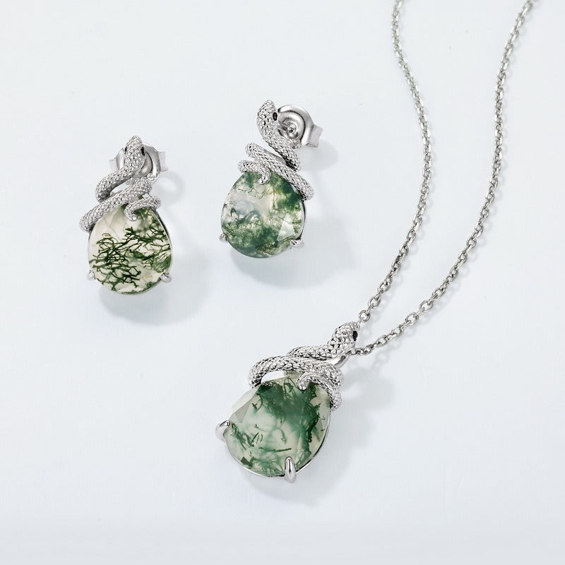 Zen Healing Moss Agate 925 Silver Year of the snake Stud Earrings