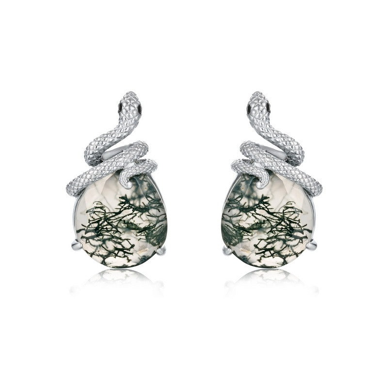 Zen Healing Moss Agate 925 Silver Year of the snake Stud Earrings