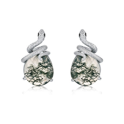 Zen Healing Moss Agate 925 Silver Year of the snake Stud Earrings