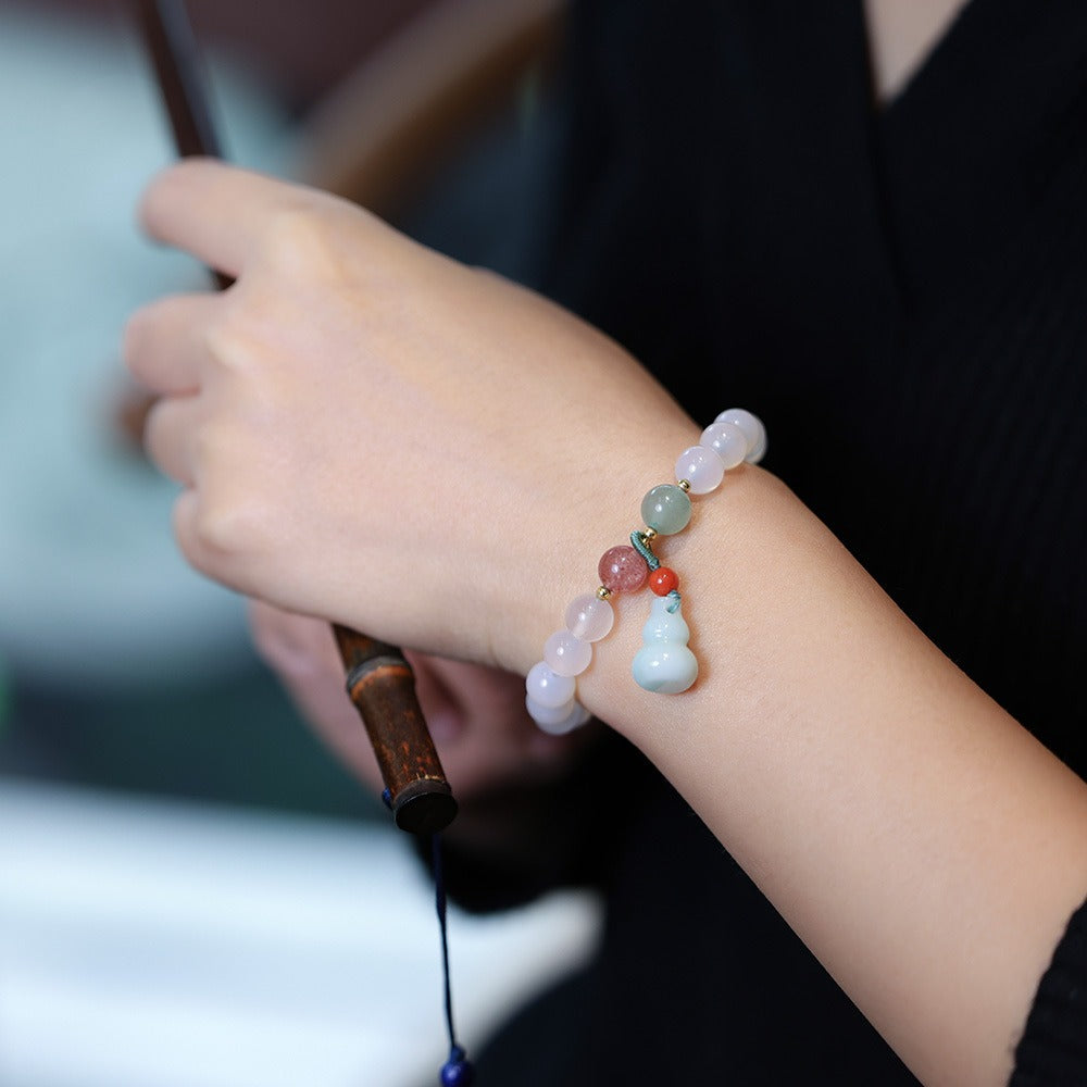 Zen Healing Natural Agate White Chalcedony Gourd Lucky Charm Bracelet 8mm