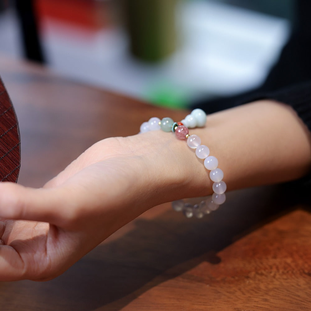 Zen Healing Natural Agate White Chalcedony Gourd Lucky Charm Bracelet 8mm