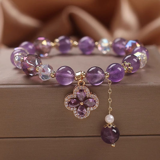 Zen Healing Natural Amethyst Four Leaf Clover Lucky Charm Bracelet