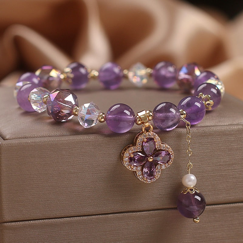 Zen Healing Natural Amethyst Four Leaf Clover Lucky Charm Bracelet