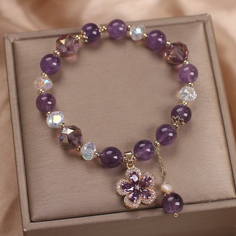 Zen Healing Natural Amethyst Four Leaf Clover Lucky Charm Bracelet