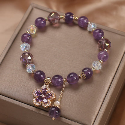 Zen Healing Natural Amethyst Four Leaf Clover Lucky Charm Bracelet