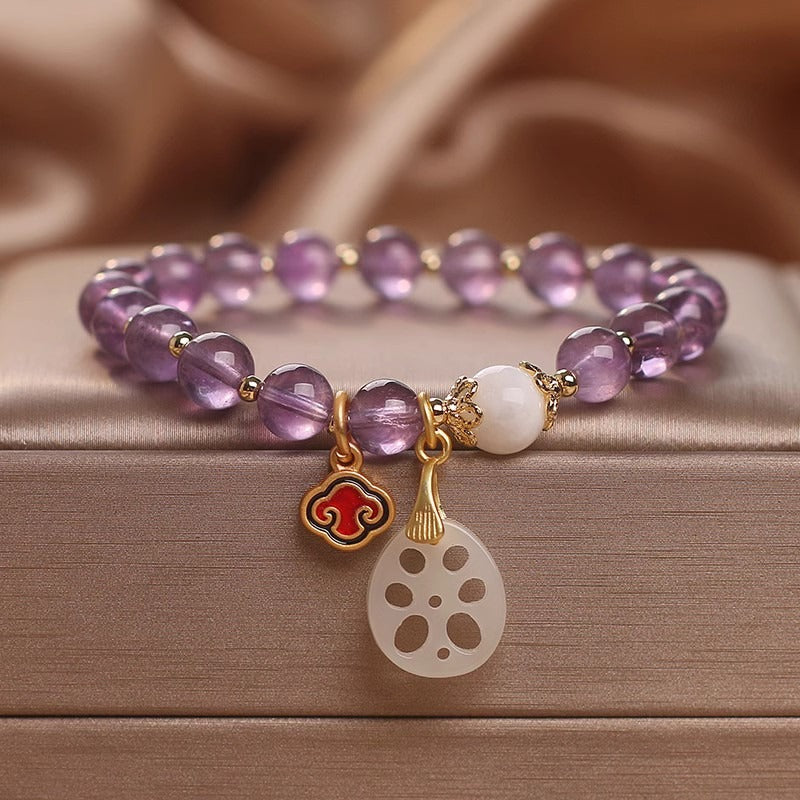 Zen Healing Natural Amethyst Four Leaf Clover Lucky Charm Bracelet