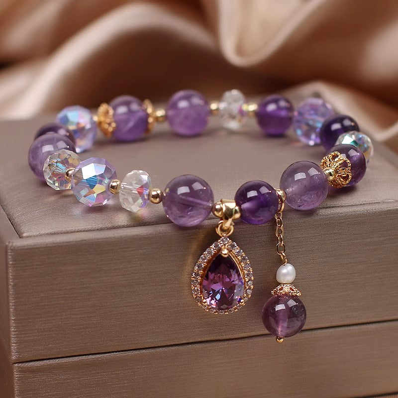 Zen Healing Natural Amethyst Four Leaf Clover Lucky Charm Bracelet