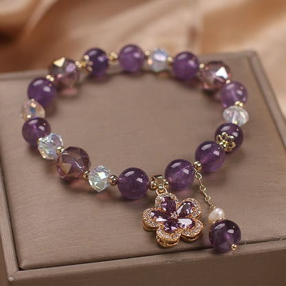 Zen Healing Natural Amethyst Four Leaf Clover Lucky Charm Bracelet