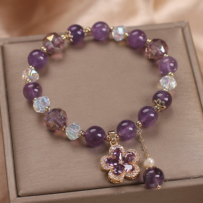 Zen Healing Natural Amethyst Four Leaf Clover Lucky Charm Bracelet