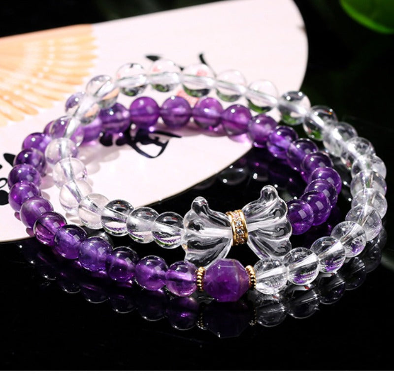 Zen Healing Natural Amethyst White Crystal  Butterfly Charm Luck Bracelet Double Circle Bracelet