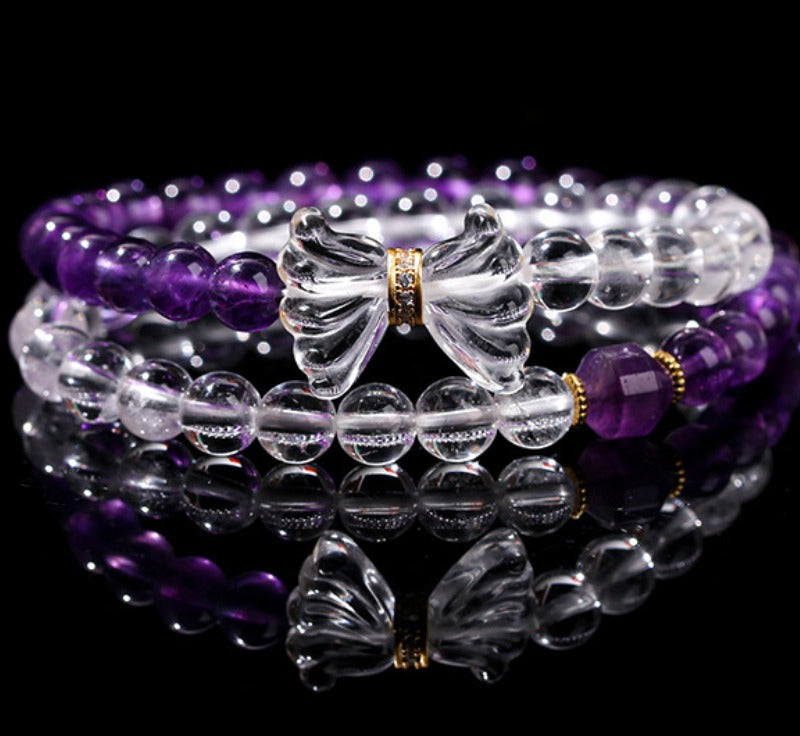 Zen Healing Natural Amethyst White Crystal  Butterfly Charm Luck Bracelet Double Circle Bracelet