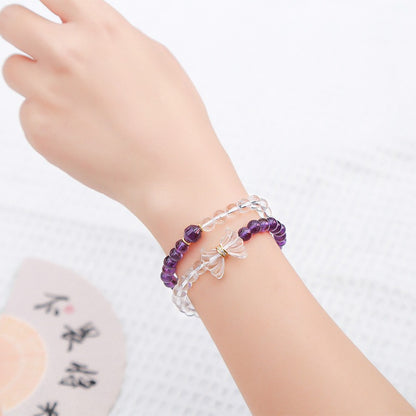 Zen Healing Natural Amethyst White Crystal  Butterfly Charm Luck Bracelet Double Circle Bracelet