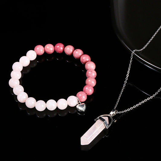 Zen Healing Natural Crystal Agate Heart Charm Bracelet & Necklace Set