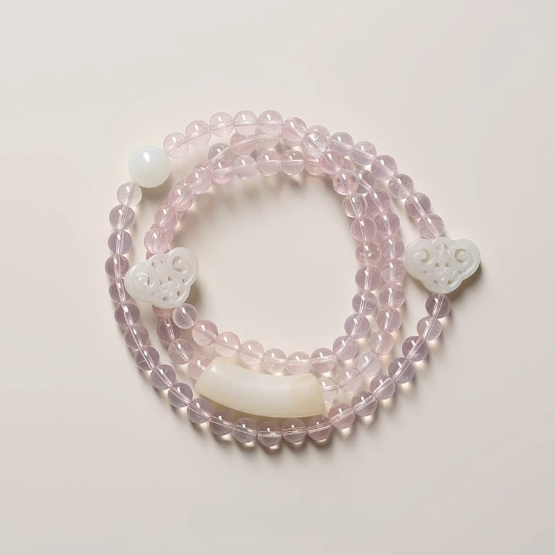 Zen Healing Natural Rose Quartz Hetian Jade Attracting Love Protection Multi-layered Wrap Bracelet