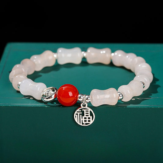 Zen Healing Rose Quartz Bamboo Beads Fu Character Lucky Charm Bracelet