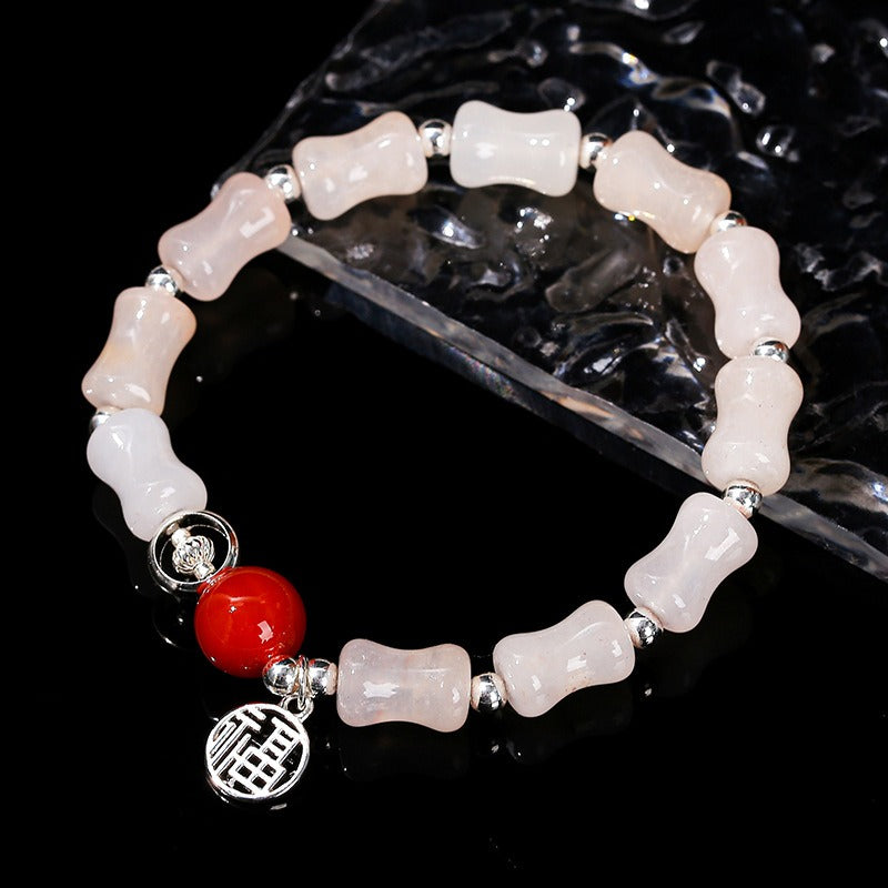 Zen Healing Rose Quartz Bamboo Beads Fu Character Lucky Charm Bracelet