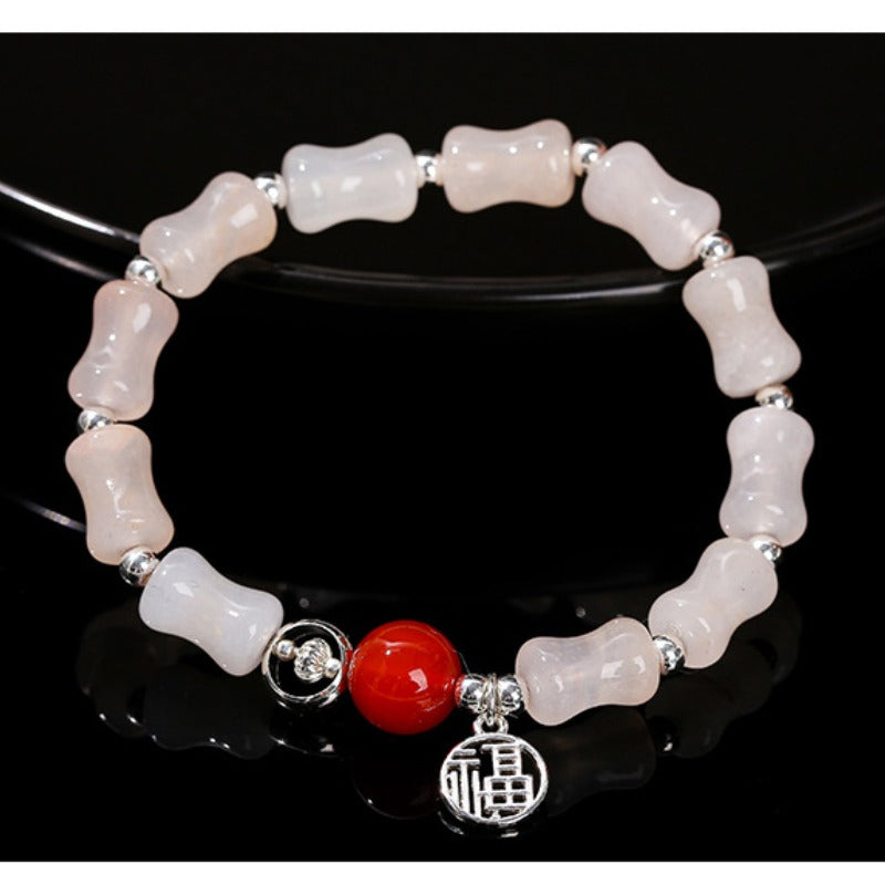 Zen Healing Rose Quartz Bamboo Beads Fu Character Lucky Charm Bracelet