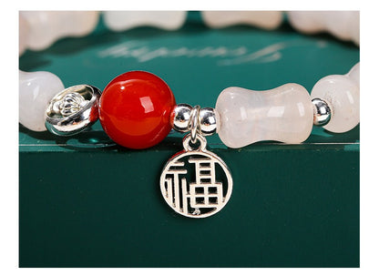 Zen Healing Rose Quartz Bamboo Beads Fu Character Lucky Charm Bracelet