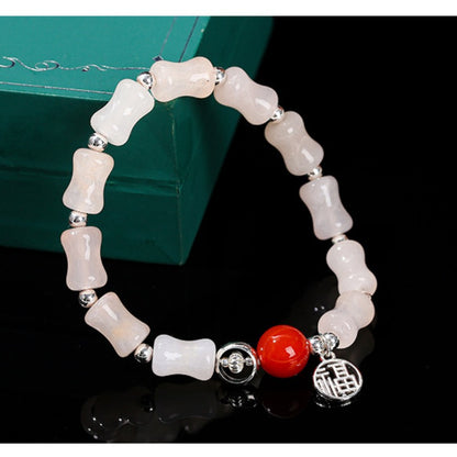 Zen Healing Rose Quartz Bamboo Beads Fu Character Lucky Charm Bracelet