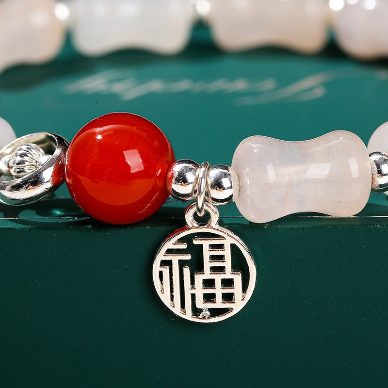 Zen Healing Rose Quartz Bamboo Beads Fu Character Lucky Charm Bracelet