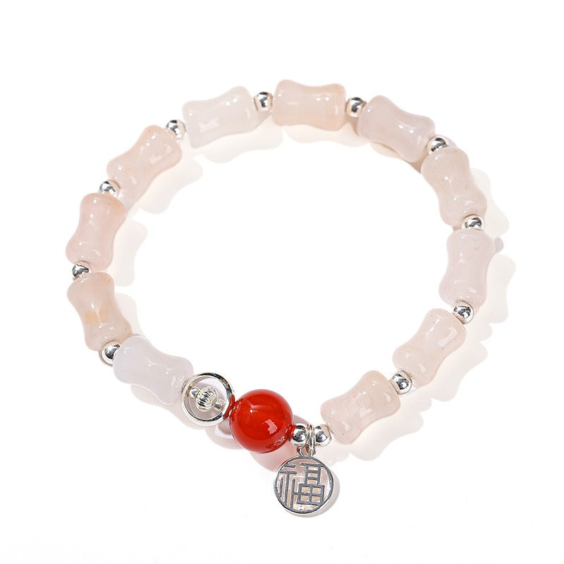 Zen Healing Rose Quartz Bamboo Beads Fu Character Lucky Charm Bracelet