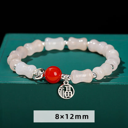 Zen Healing Rose Quartz Bamboo Beads Fu Character Lucky Charm Bracelet