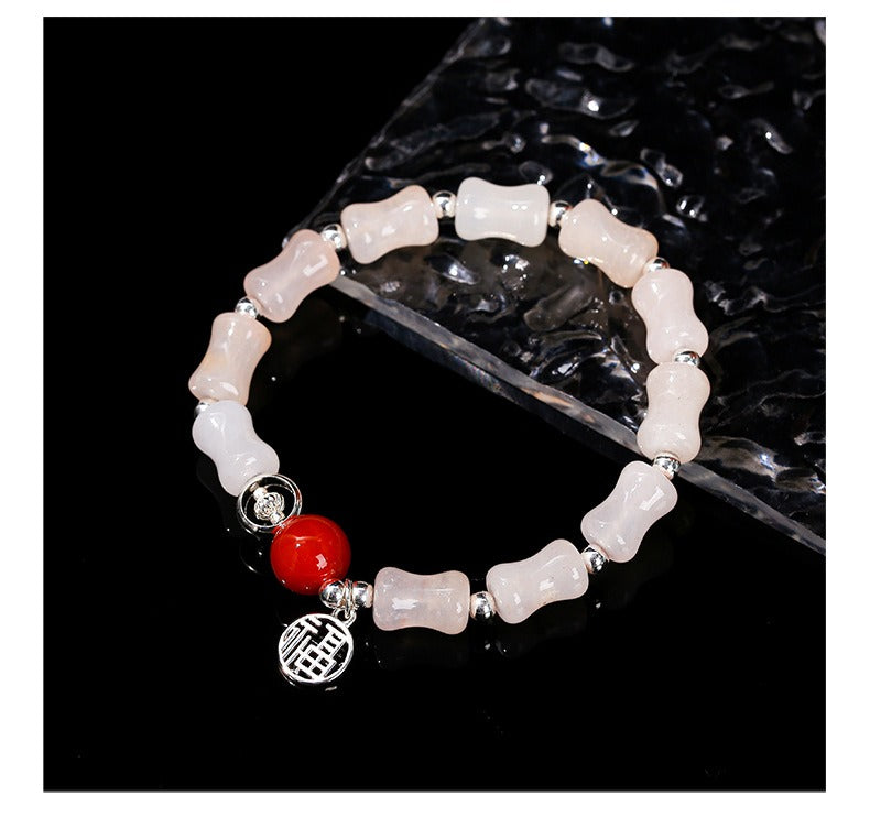 Zen Healing Rose Quartz Bamboo Beads Fu Character Lucky Charm Bracelet