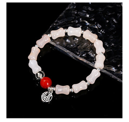 Zen Healing Rose Quartz Bamboo Beads Fu Character Lucky Charm Bracelet