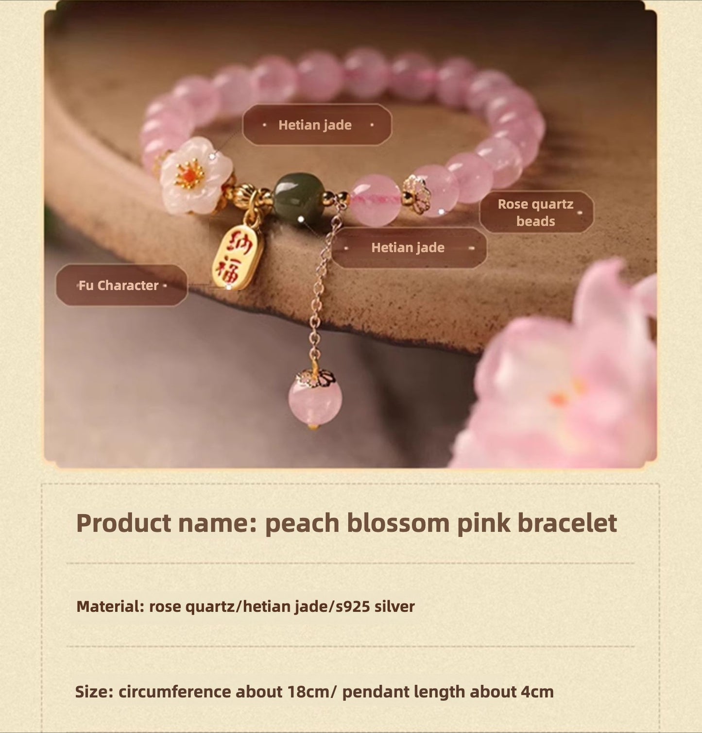 Zen Healing Rose Quartz Jade Peach Blossom Love Bracelet