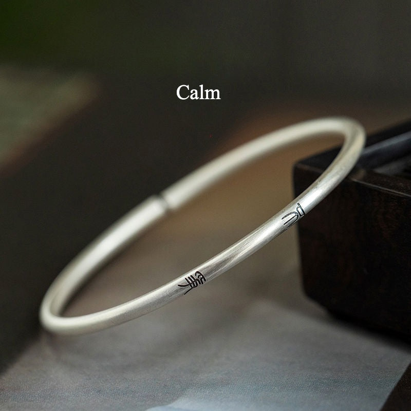 Zen Healing S925 Silver Peace Luck Cuff Bracelet Bangle