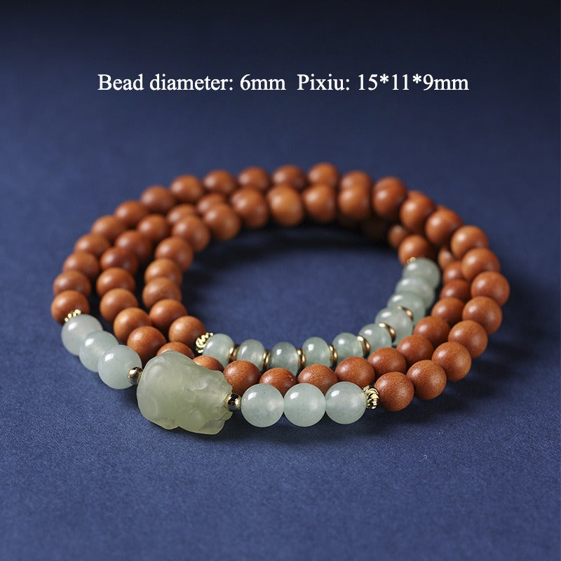 Zen Healing Sandalwood Aventurine Jade Pixiu Fortune Wealth Multi-Circle Bracelet