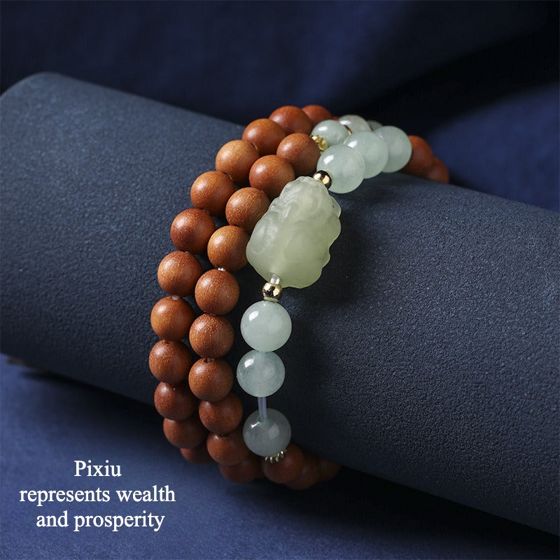 Zen Healing Sandalwood Aventurine Jade Pixiu Fortune Wealth Multi-Circle Bracelet