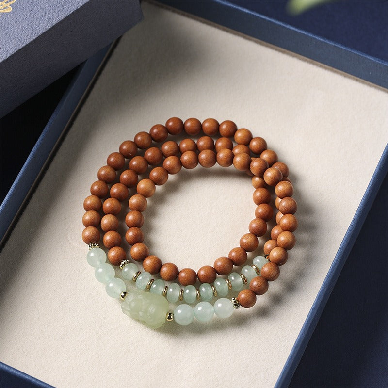 Zen Healing Sandalwood Aventurine Jade Pixiu Fortune Wealth Multi-Circle Bracelet