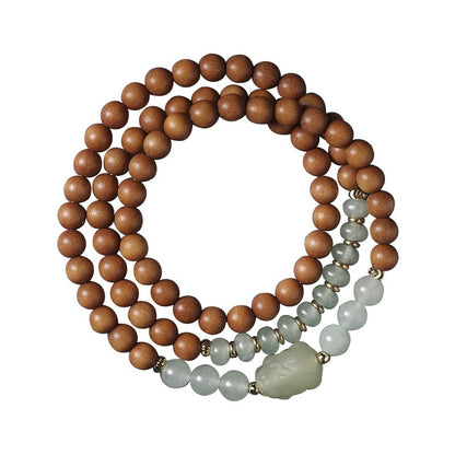 Zen Healing Sandalwood Aventurine Jade Pixiu Fortune Wealth Multi-Circle Bracelet